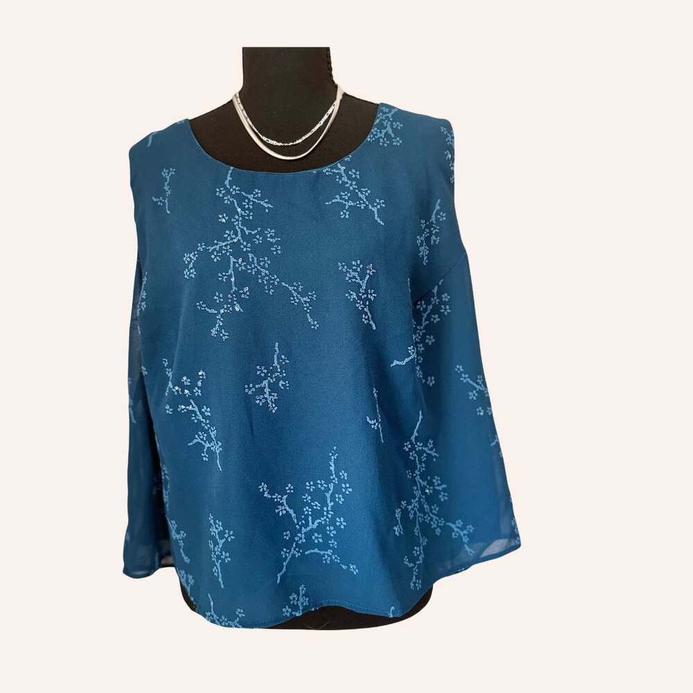 1990’s Teal Beaded  Blouse Teal Floral Embroidered Sheer